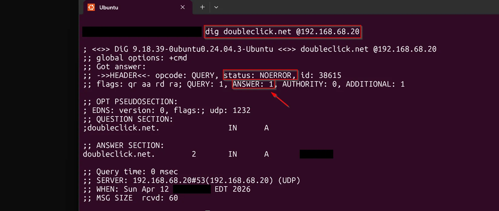 dig doubleclick.net @192.168.68.20 from a client after failover:
status NOERROR, ANSWER 1, a single A record that is Pi-hole's block
response rather than the real address, so filtering still holds through
the backup node