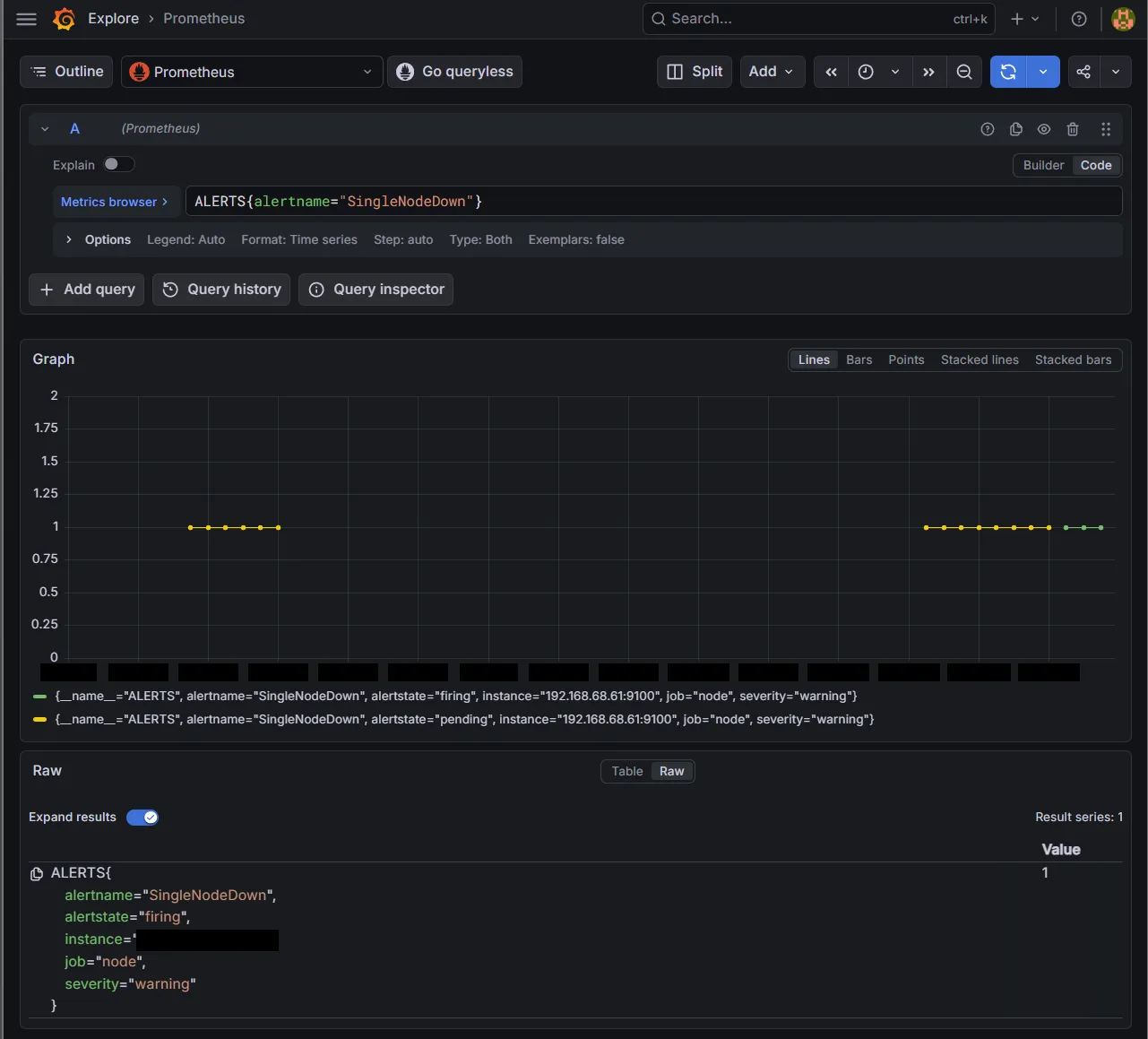 Prometheus graph of ALERTS for SingleNodeDown: the alert moving through
pending and firing states for the 192.168.68.61 node