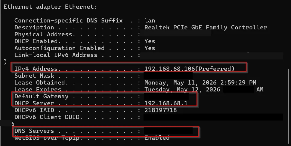 Windows ipconfig /all: IPv4 lease with DHCP Server 192.168.68.1, the
ER605, not the old Deco