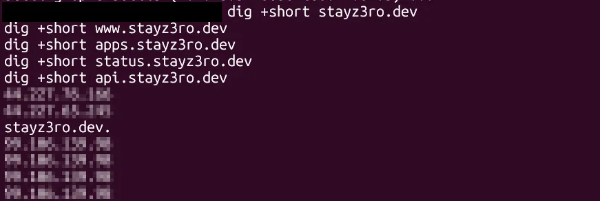 dig +short for stayz3ro.dev and its subdomains, all resolving to the
VPS