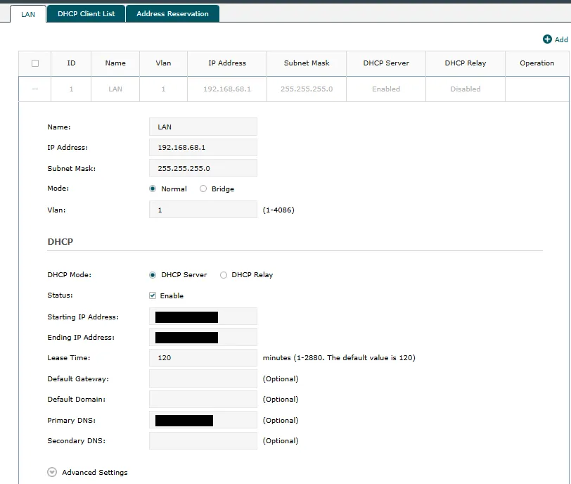 ER605 LAN and DHCP configuration: 192.168.68.0/24, DHCP server enabled,
handing out the Pi-hole VIP as DNS