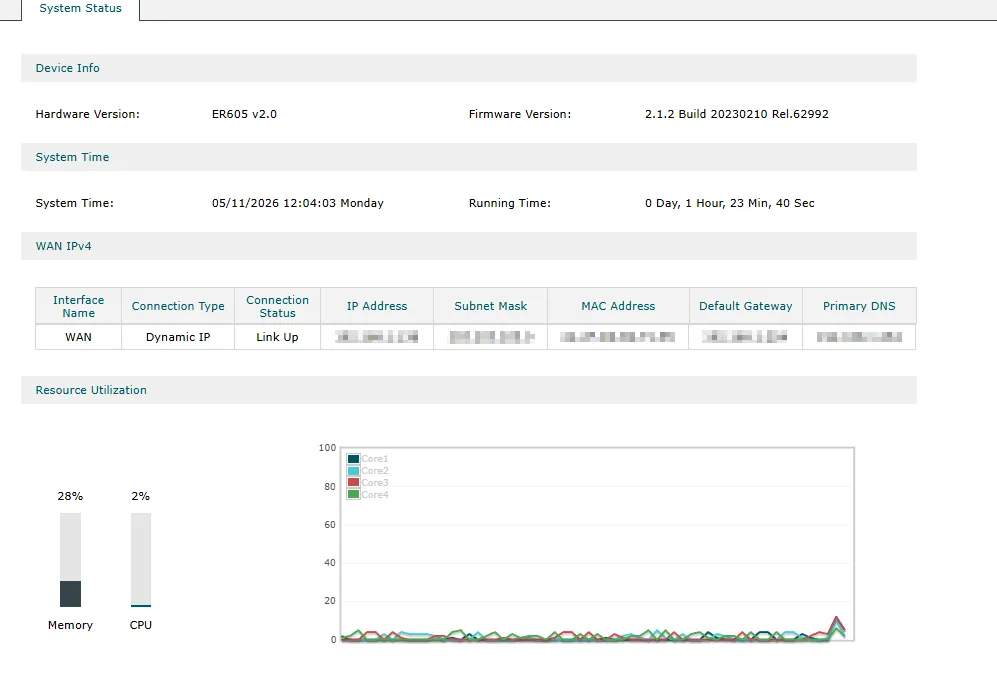ER605 system status: WAN link up, dynamic IP, running as the
router