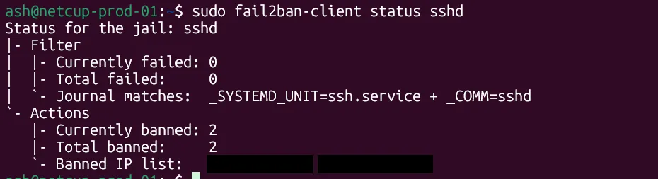 fail2ban-client status sshd: the sshd jail active, with banned IPs in
the ban list