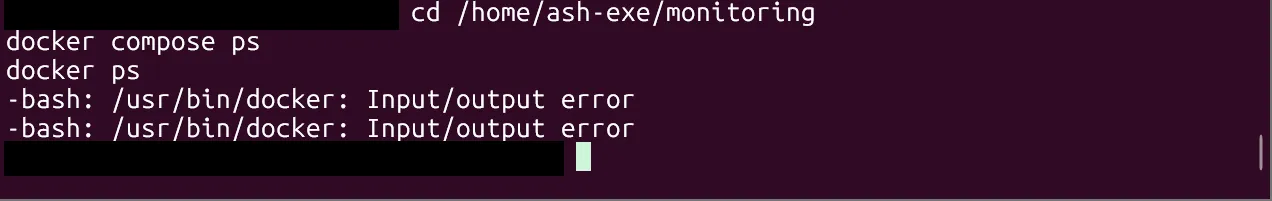 Terminal on the gaming PC: docker compose ps and docker ps both
returning an I/O error because the Docker service is
disabled