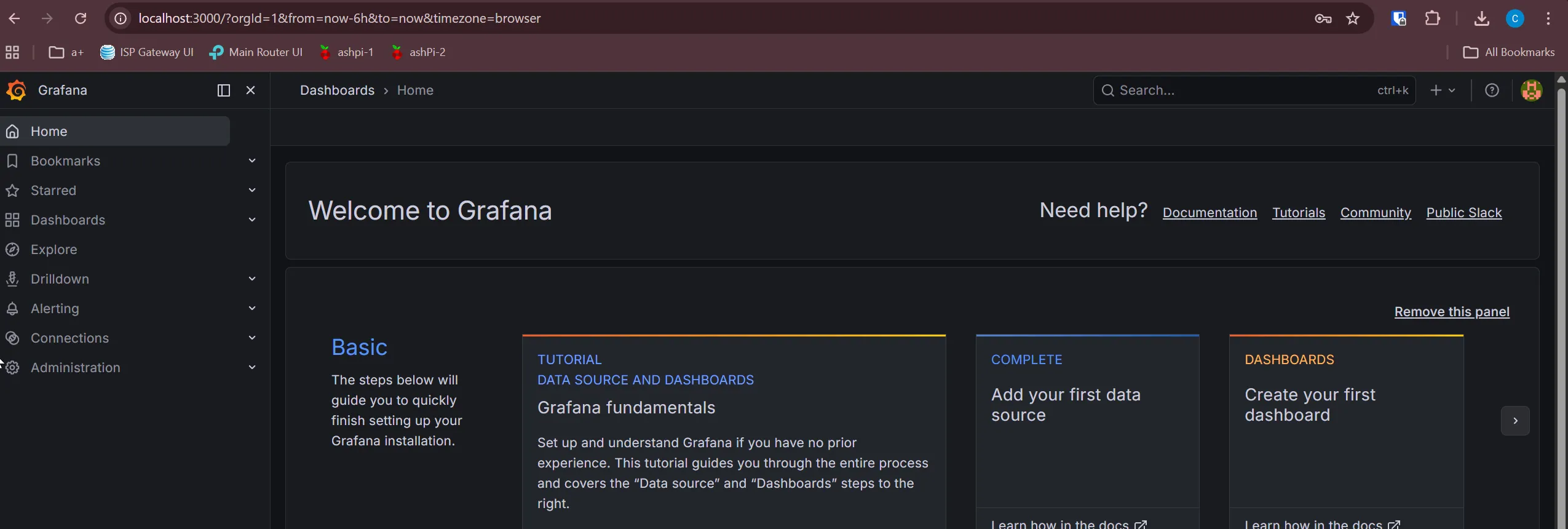 Grafana "Welcome to Grafana" page on localhost:3000, the
getting-started panel with no dashboards yet