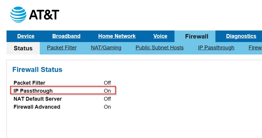 AT&T gateway firewall status page: IP Passthrough set to
On