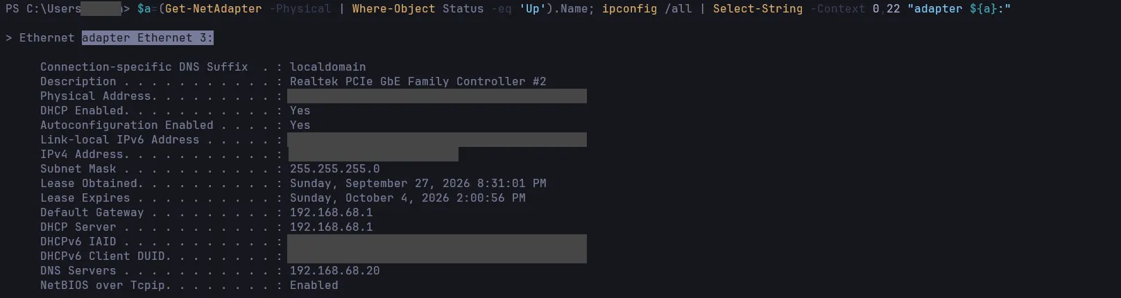 ipconfig /all on the desktop's wired adapter: lease obtained at 8:31:01 PM on 2026-09-27 from the UDM Pro, with the gateway set to that same address and the Pi-hole VIP as the only DNS server; MAC, IPv6 and DHCPv6 identifiers redacted