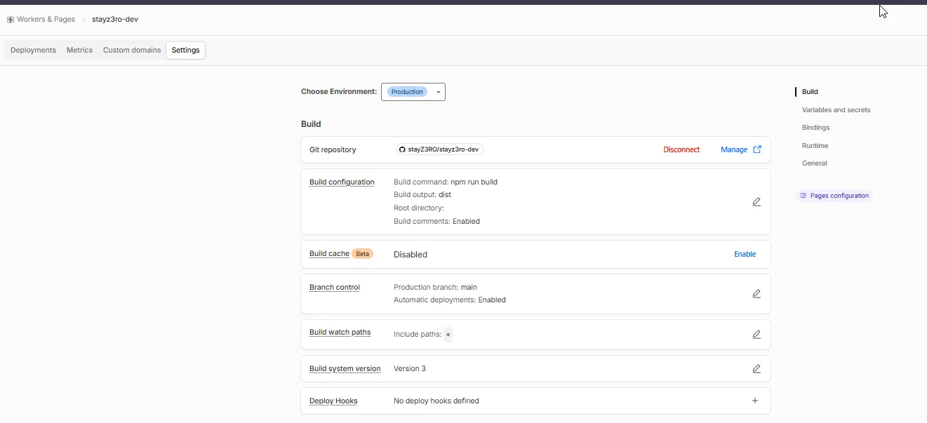 Cloudflare Pages build configuration for stayz3ro-dev: git repository
connected, build command npm run build, output directory dist, production
branch main, automatic deployments enabled