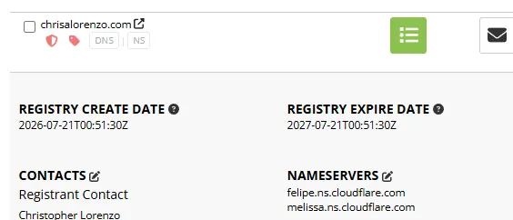 Porkbun domain details for chrisalorenzo.com, authoritative nameservers set
to felipe.ns.cloudflare.com and melissa.ns.cloudflare.com