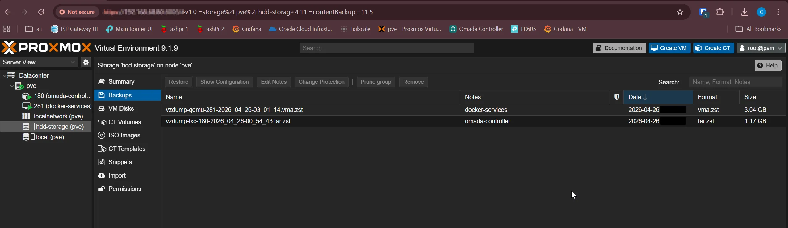 Proxmox backups list: dated vzdump archives for the docker-services VM
and the omada-controller LXC on the HDD storage