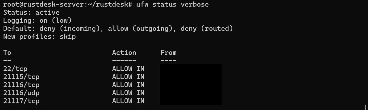 ufw status verbose on the RustDesk server: the RustDesk ports
(21115-21117) allowed only from the local subnet (redacted), everything
else denied