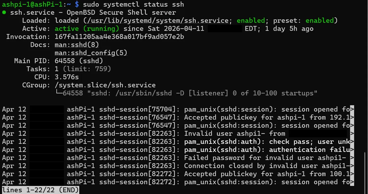 systemctl status ssh on ashpi-1: the service active, with journal
lines showing accepted public-key logins over the tailnet and rejected
attempts from outside