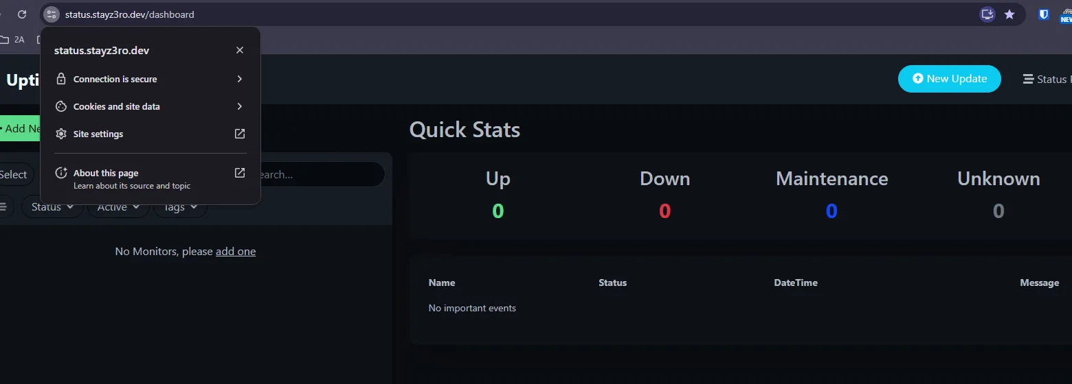 status.stayz3ro.dev in a browser: valid HTTPS padlock, Uptime Kuma
loaded, served from the VPS on the same domain as the Pages-hosted
blog