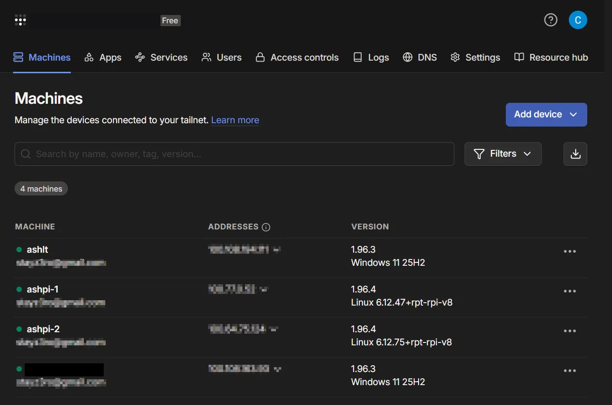 Tailscale admin console: the tailnet with the admin laptop and both
Pi-hole nodes joined, addresses and account details redacted