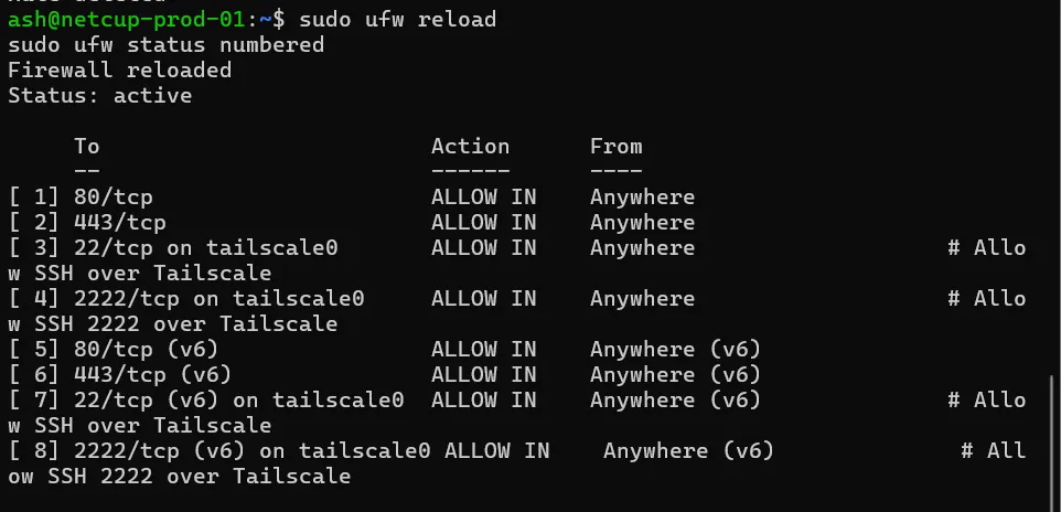 ufw status numbered: 80 and 443 open to anywhere, 22 allowed only on
the tailscale0 interface