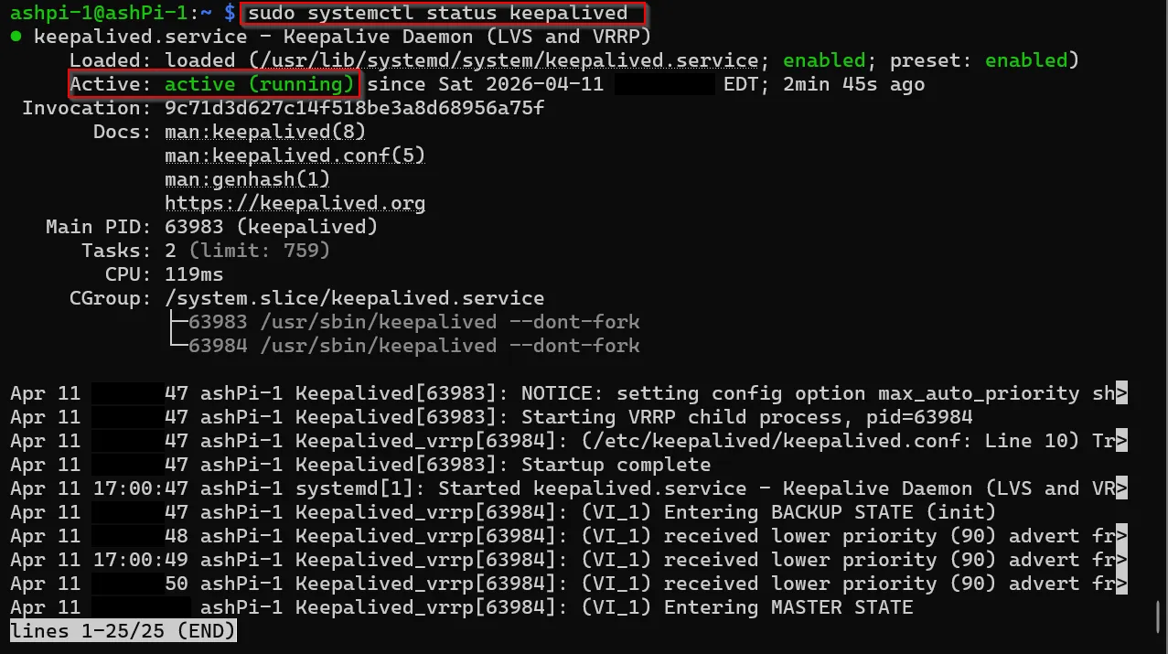 Terminal on ashpi-1 showing systemctl status keepalived, service
active and running, with the journal below showing the VRRP instance
entering MASTER STATE